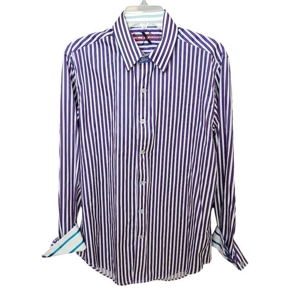 Robert‎ Graham tailored fit button front  flip cuff striped dress shirt Sz M - Picture 9 of 12